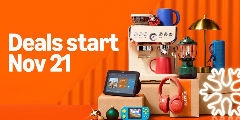 Assortment of gift ideas from coffee maker to gaming device for holiday shoppers. Text reads, Deals start Nov 21